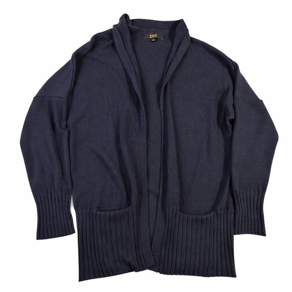 Ovi Sweaters - OVI Women's Navy Blue‎ Knit Cardigan Shawl Collar, Pockets, Size L
